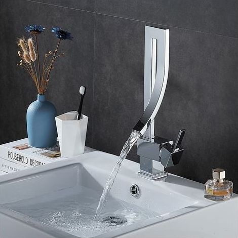 Rubinetto per lavabo in ottone TAISHENGDA, stile alla moda, design semplice, rubinetto a cascata per acqua calda e fredda, rubinetto per bagno, accessorio per cucina (argento) (1/5)