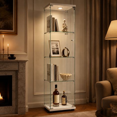 Vitrine en Verre 4 Étagères Porte simple, Vitrine Armoire avec LED et Serrure de Sécurité, Meuble d'Exposition Verre Trempé, Blanc