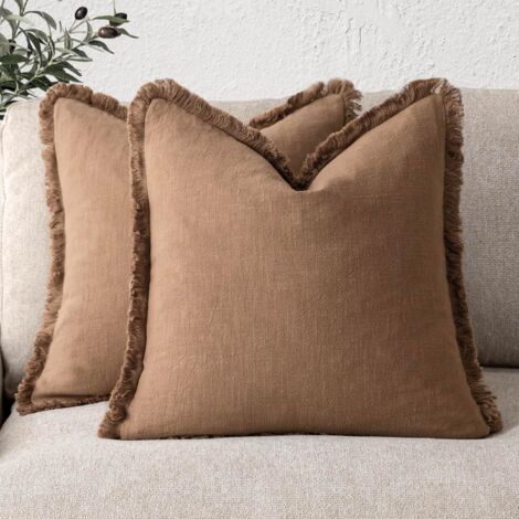 Lot de 2 housses de coussin décoratives en lin à franges, style bohème, style ferme, avec pompons, taie d'oreiller douce, 45 x 45 cm, marron kaki (1/5)