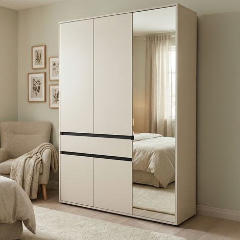 Kleiderschrank Ilbono mit 3 Türen, Schlafzimmer-Schrank mit 5 Ablagen, 1 Schublade, Kleiderstange, 138x55 cm, Weiß (1/5)