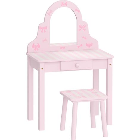 Tavolino per bambine 2 in 1 con sgabello e specchio rimovibile, rosa e bianco HOMVRA (1/5)