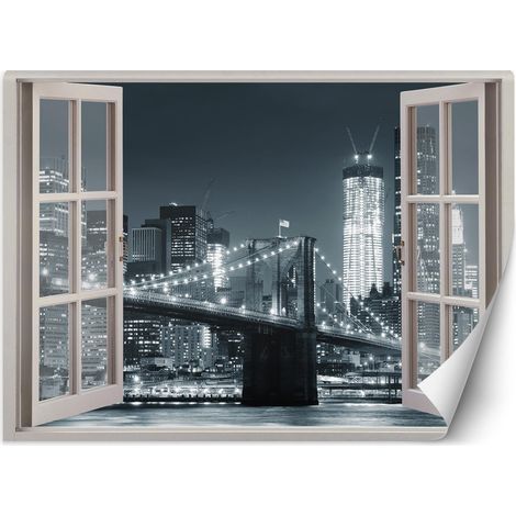 Carta Da Parati, Finestra vista New York City Ponte di Brooklyn bianco nero - 280x200 (1/5)