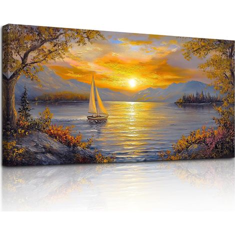 Tableau Decoration Murale Salon, 59x119 cm XXL Impression sur Toile, Cadre Decoration Murale Coucher de Soleil et Voilier, Moderne Décoration de Chambre Salle De Bain Maison Décorations (1/5)