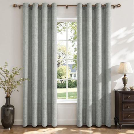 Rideau Voilage Effet Lin Tamisant à Œillets 140 x 240 cm, Rideaux Voilage Semi-Transparents pour Fenetre Baie Vitrée Chambre et Salon, Style Naturel, 2 Panneaux, Vert Gris (1/5)