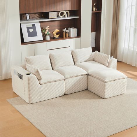 Sofá modular de 3 plazas con puf, cojines, portavasos y 2 bolsillos, beige HAVRYA (1/5)