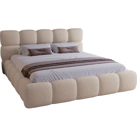 Lit capitonné 160x200 Lucca - lit adulte avec rangement, tissu bouclé - Beige (Lambi 6)