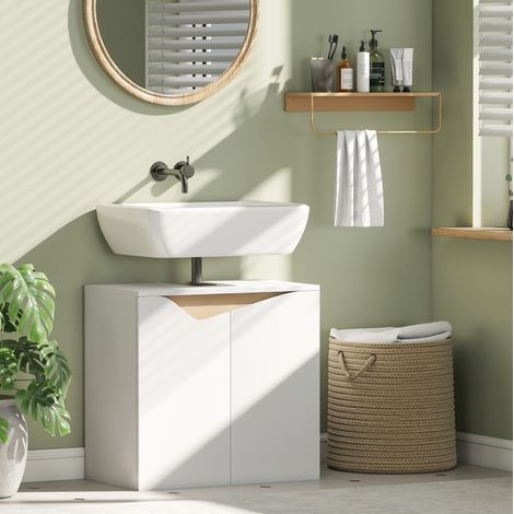 Meuble vasque moderne blanc effet bois 60 x 35 x 57,9 cm, 2 portes soft-close, pour lavabo mural (1/4)