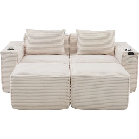 Divano modulare 2 posti in velluto a coste beige con 2 pouf, portabicchieri e tasche (1/5)