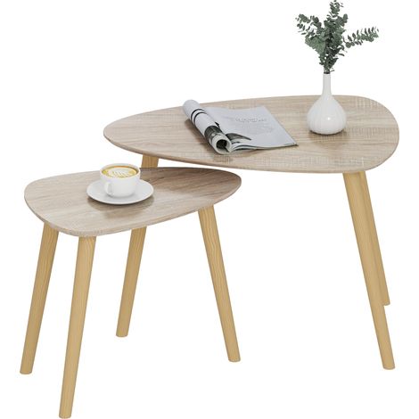 HOMCOM juego de 2 mesas de centro, mesa nido moderna, mesitas auxiliares, patas de madera de pino, para salón, dormitorio, oficina, madera natural