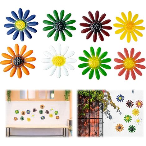 Metal Wall Decoration, Outdoor Garden Decoration, 3D Metal Decorative Flower, Daisy Decoration for Living Room, Outdoor, Garden Fence, Kitchen, Balcony, Colourful, 8 Pieces (1/5)