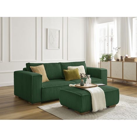 BOBOCHIC - Canapé droit fixe 3 places CHELSEA gros côtelé doux avec pouf Vert (1/5)