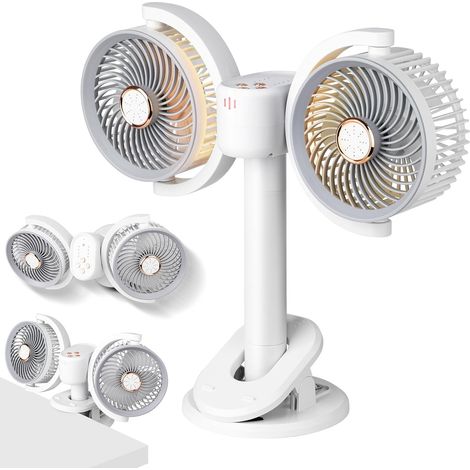 Ventilatore da scrivania a doppia testa, ricaricabile con illuminazione a LED, montabile a parete, silenzioso, ruotabile a 360°, rimovibile per auto, tavolo, camera da letto (1/5)