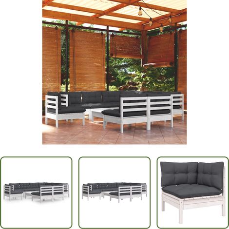 Terrassensofa - 10-tlg. Garten-Lounge-Set mit Kissen Weiß Kiefer Massivholz (1/5)
