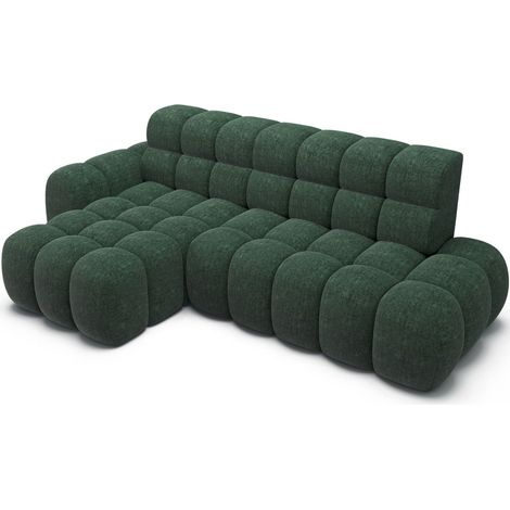 Canapé d'angle convertible BULLA 3 places vert émeraude angle gauche – tissu bouclette avec extension d'assise électrique (1/5)