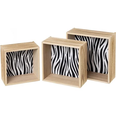 Set 3 Mensole Cubo da Parete Design Moderno con Fondo Zebrato Scaffale in Legno