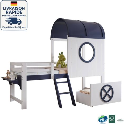 Cama alta infantil de madera 90x200 - Con techo y ventanas - Cajón inferior con ruedas - Paleta de colores de inspiración náutica en blanco y azul oscuro (1/5)