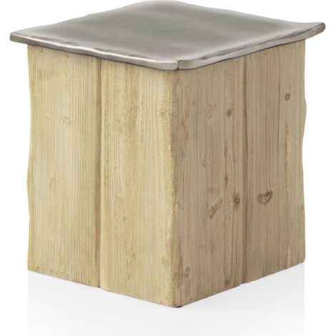 Tabouret bois naturel assise métal effet artisanal - Bois naturel assise effet métal argenté (1/5)