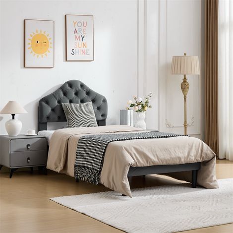 Lit 90x200cm - Lit Rembourré en Velours - Tête de Lit Nuage Réglable et Capitonnée - Sommier à Lattes - Gris Moderne (1/5)