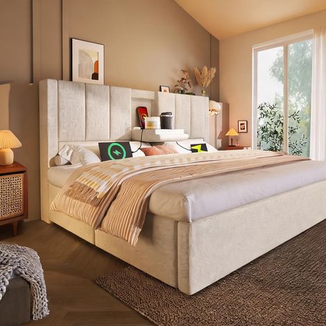 Cadre de lit beige en lin 217 x 143 x 115 cm (1/5)