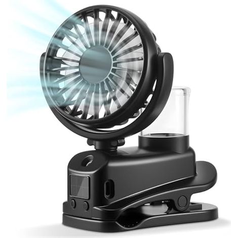 Ventilateur clipable avec écran LED, silencieux et puissant, rechargeable USB, 4 vitesses, brumisateur d'eau, portable pour chambre, poussette, camping, voyage (Noir) (1/5)