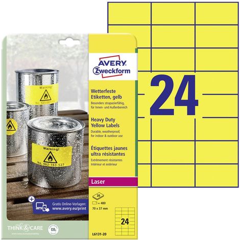 Etiquette plastique Avery-Zweckform L6131-20 70 x 37 mm film de polyester jaune 480 pc(s) fixation permanente (1/4)