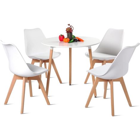 Esstisch mit 4 Stühlen Rund Weiß Skandinavisch Essgruppe 80cm (1/2)