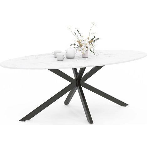 Idmarket – Table extensible ovale 200 cm – 10 personnes – Pied araignée noir – Plateau effet marbre blanc – Style moderne