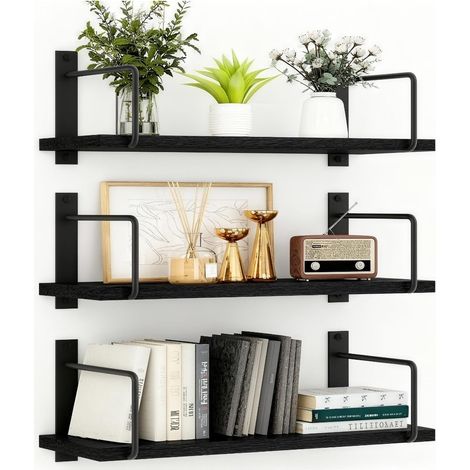 Etagere Murale Bois Lot de 3, Rustique Étagères Salle de Bain, Décoration et Rangement Tablettes Flottantes pour Salon, Cuisine, Chambre, Bureau (Noir) (1/5)