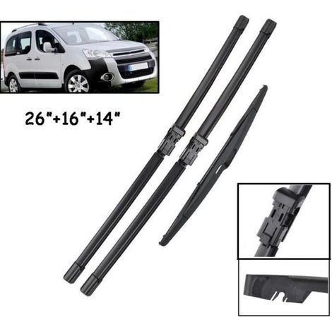 (NOIR)Lot de 3 Balais d'essuie-glace avant + arrière Pour Citroën Berlingo B9 2008 2009 2010 2011 2012 2013 2014 2015 2016 2017 (1/4)