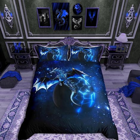 Parure de lit avec housse de couette et linge de lit pour enfants, motif dragon et galaxie, bleu et noir, super king size (1/5)