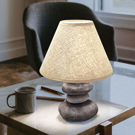 Tischlampe Schlafzimmer Beistellleuchte braun Leselampe modern, Schreibtischleuchte Steinoptik Textil Schirm, Keramik grau, 1x E14, DxH 25x33,5 cm