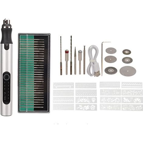Mini Stylo Graveur Électrique Rechargeable 4.2V, Kit 58 Accessoires pour DIY Bijoux Métal Verre, Vitesse Réglable avec Chargeur (1/2)