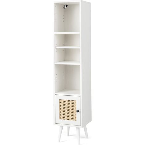Armadietto boho con porta in rattan gambe in legno massello, Mobile sottile autonomo ripiano regolabile Bianco (1/5)
