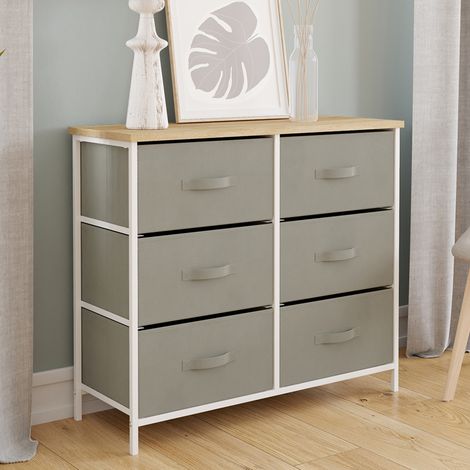 Arcón de 6 cajones ALTA 80 cm de tela gris claro con tapa de diseño industrial efecto madera (1/5)