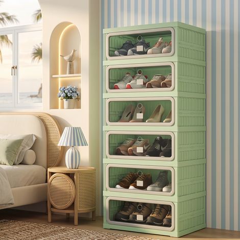 Meuble à Chaussures pliable Vert 5 Niveaux, Porte Magnétique Transparente Rangement, Gain de Place Entrée, Moderne, 106x45x34cm (1/5)