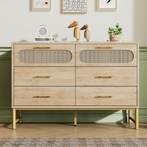 Rattan Kommode Sideboard mit 6 Schubladen und Kippschutz, viel Stauraum für Wohnzimmer und Schlafzimmer, 120x40x74 cm, Sonoma Eiche Holzoptik (1/5)