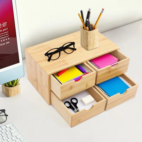 Organizzatore Da Scrivania In Bambù Organizzatore Da Scrivania Con 4 Cassetti Per Conservare Una Varietà Di Oggetti Quotidiani Adatto Per L'Ufficio (Colore Legno)