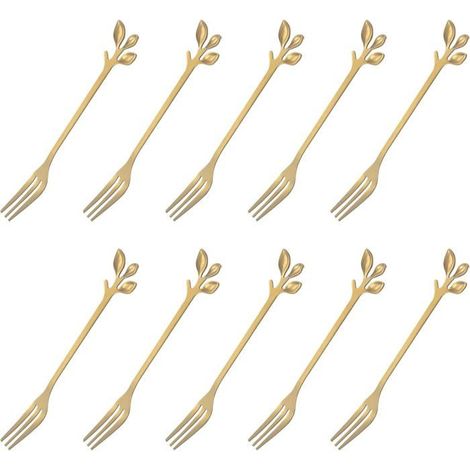Lot de 4 fourchettes gâteau inox – Forme feuille or – Apéritifs, pâtisseries, fruits (1/5)