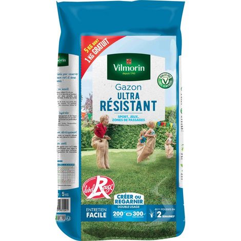 Vilmorin – Gazon ultra résistant 5kg – Résistant au piétinement et à la sécheresse – Pour jardins familiaux et espaces publics – 1kg gratuit