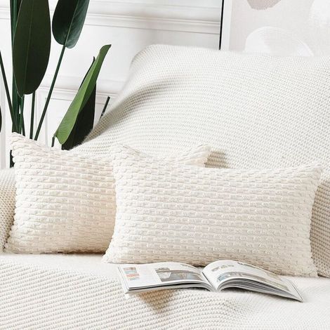 Juego de 2 fundas de cojín de pana a rayas estilo bohemio, fundas decorativas suaves para sofá y dormitorio, color blanco crema, 30 x 50 cm. (1/5)