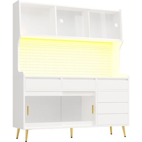 CAIziMeuble colonne moderne avec éclairage LED et commande via application, meuble de cuisine ou de salle à manger avec tiroir, buffet avec étagère de rangement et panneau perforé, 145x39x171 cm, blan (1/5)
