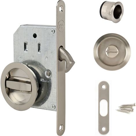 Yale Kit serratura per porta scorrevole, serratura a condanna e manici rotondi incassati, diametro interno maniglie 48 mm, acciaio finitura nichelata spazzolata, incluso tiratappo, vite (1/4)