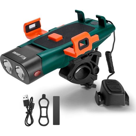 Luz LED recargable para patinete eléctrico y bicicleta, 5 en 1: soporte para teléfono, bocina integrada, potente faro de 500 lúmenes, batería externa de 3000 mAh y luz de advertencia lateral. Tranquil