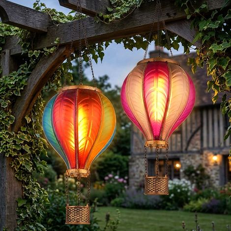 Lampada solare a sospensione lampada da esterno mongolfiera effetto fuoco decorazione giardino lampada da balcone, colore rosa, 20x 0,5W 1600K bianco caldo, DxH 14 x 46,5 cm, set di 2 (1/5)