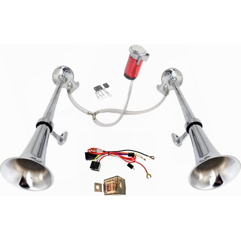 Klaxon de voiture Air Horn 24V Klaxon de bateau Klaxon d'air de voiture Double tube zinc chromé argenté 170db Trompette de camion Pompe à air rouge Haut - parleurs pour 24V camion bateau etc (1/5)