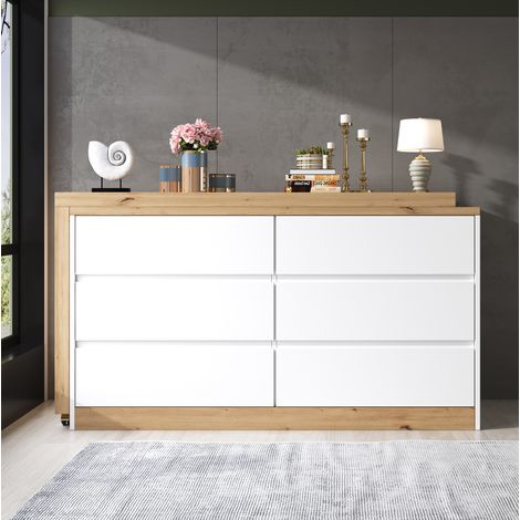 Escritorio giratorio multifuncional 120 x 50 x 78 cm, 6 cajones, blanco y roble HAVRYA (1/5)