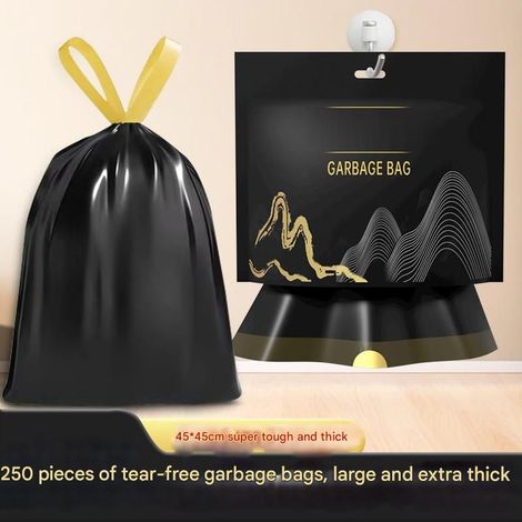 Schwarze Müllbeutel mit Kordelzug, tragbar, dick und robust, für Büro und Schlafzimmer (5 Rollen + 1 Ziplock-Beutel + 1 Klebehaken) (1/5)