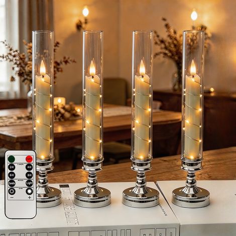 4 Bougies LED Sans Flamme avec Télécommande et Minuterie, Effet Vacillant et Guirlande Lumineuse Étoilée Intégrée, Décoration, Argent (1/5)
