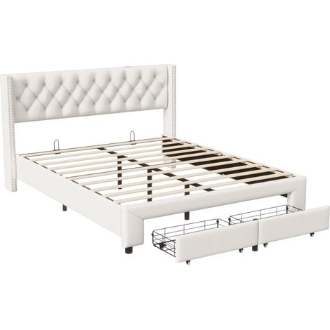 Tanant – Lit avec tiroirs 140x190cm – Tête de lit LED avec ports USB – 2 tiroirs – Sommier à lattes en bois – Velours beige