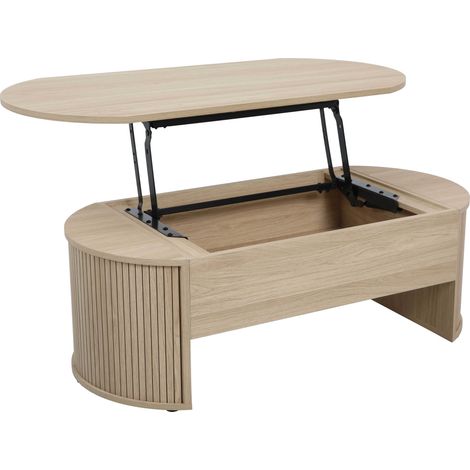 Oviala – Table basse relevable ovale en mélaminé effet bois clair – Dimensions 120x60x41cm – Espace de rangement 77x51,5cm – Charge max 50kg